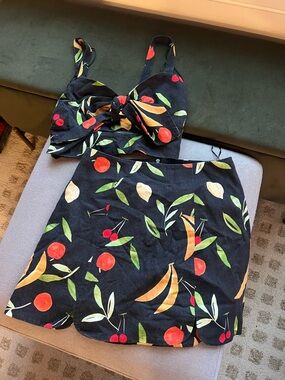 Finders Keepers Black Mini Skirt and Crop Top Set with Multicolor Fruit Print